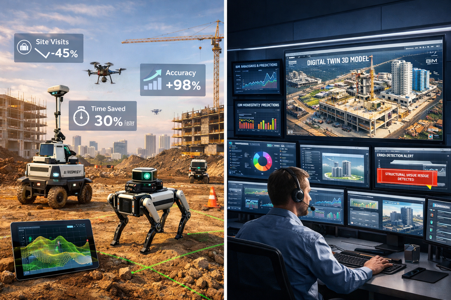 Detailed landscape format (1536x1024) image depicting real-world 2026 AI surveying implementation case study visualization with split-screen