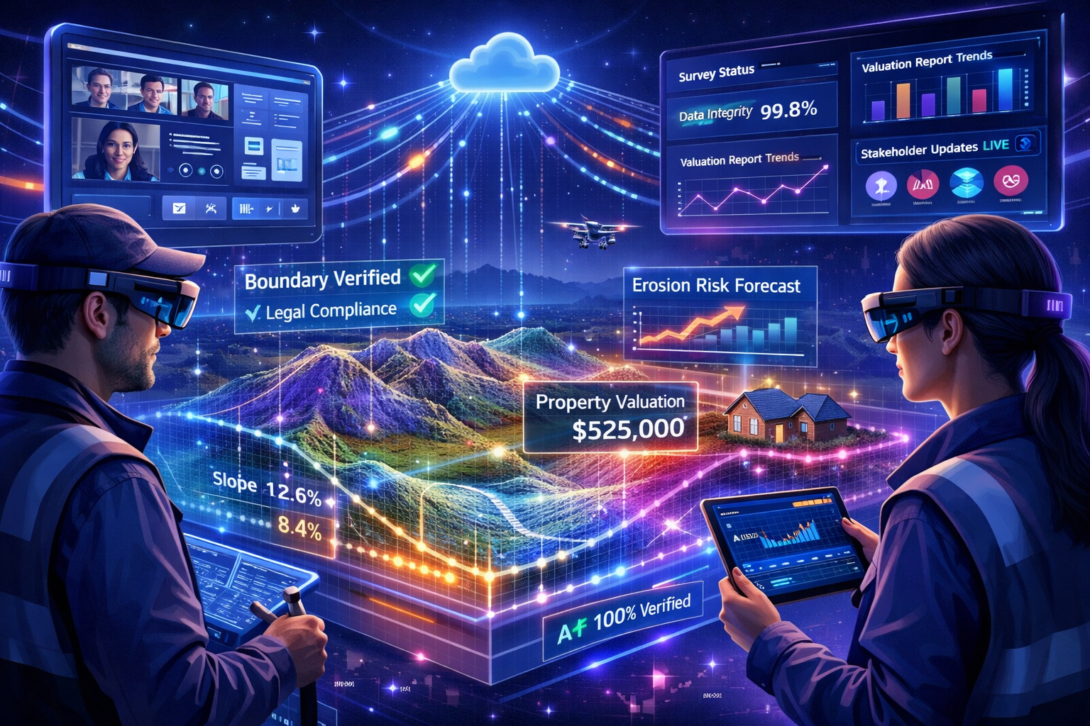 Detailed landscape format (1536x1024) image showing future of AI precision surveying with advanced technology integration: holographic proje