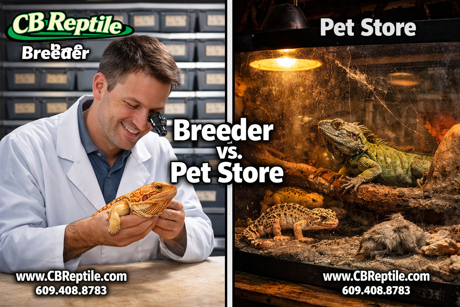 Detailed () split-scene image contrasting two purchasing experiences: left side shows a professional reptile breeder in a