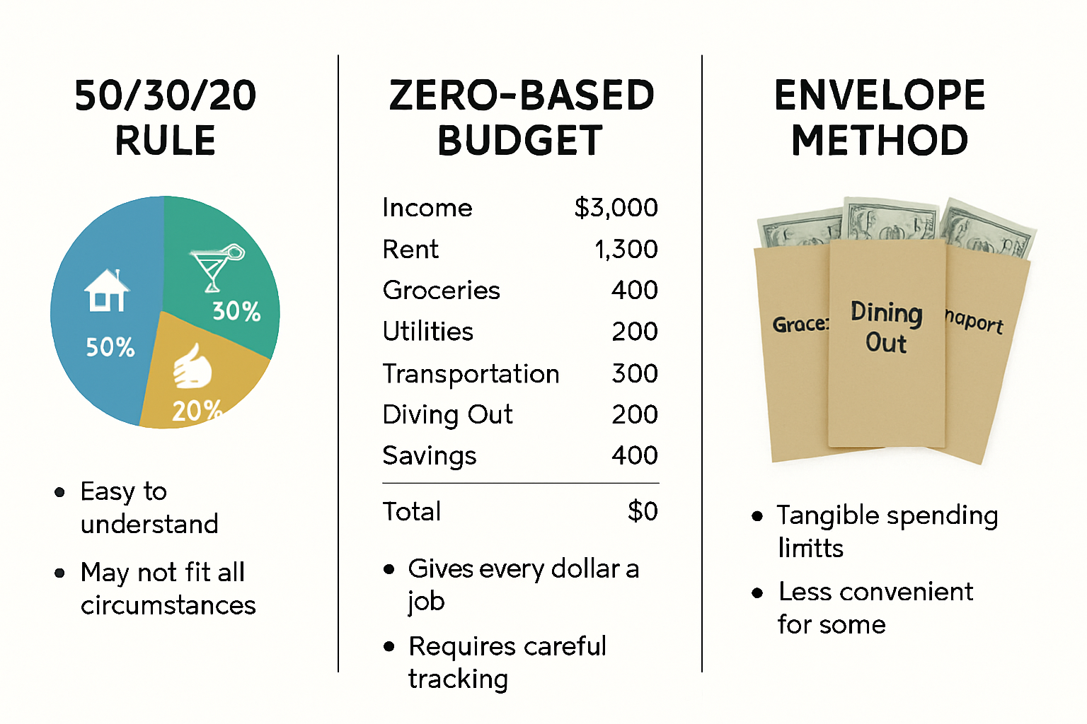 Detailed landscape infographic (1536x1024) comparing three popular budgeting methods side-by-side: 50/30/20 rule shown with three colored pi