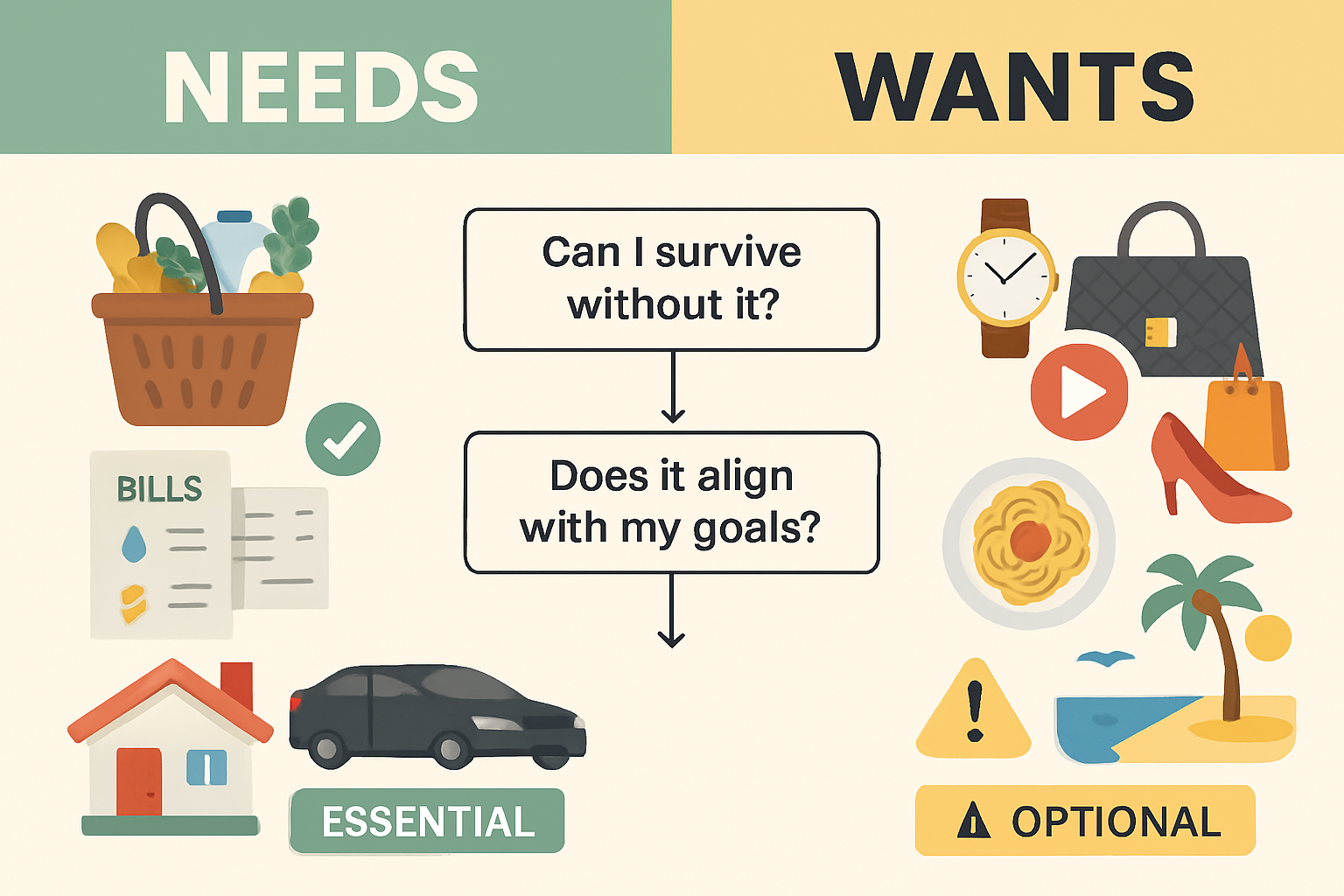 Conceptual illustration (1536x1024) showing the psychological distinction between needs versus wants in budgeting context. Left side display