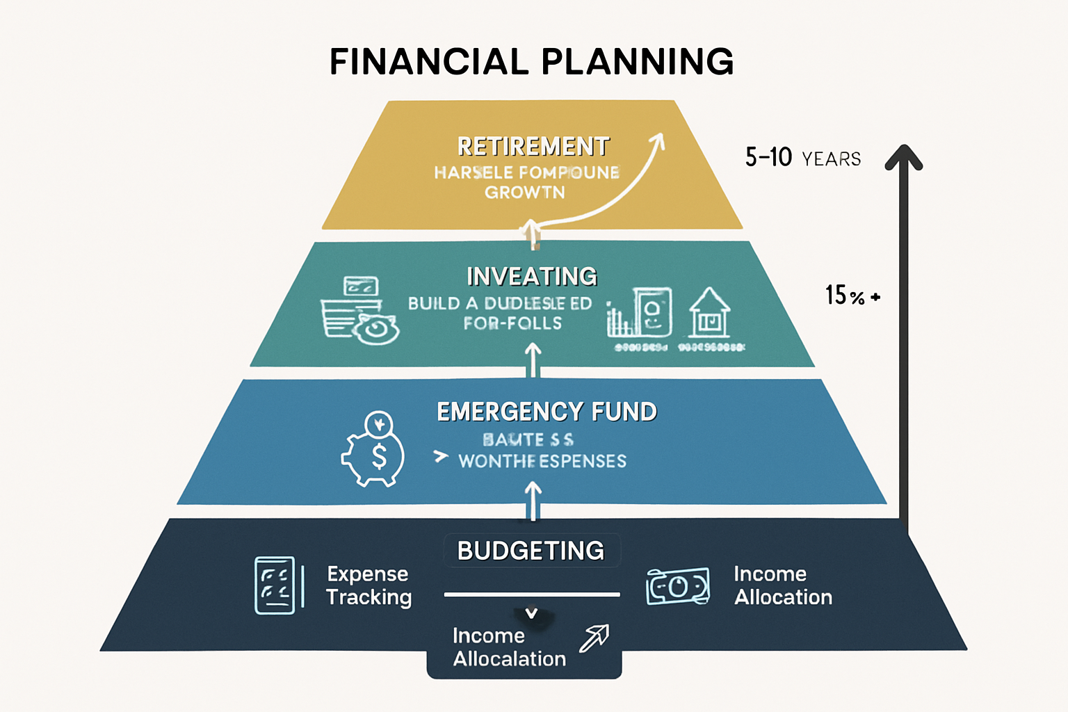 Comprehensive visual flowchart (1536x1024) illustrating the complete financial planning hierarchy from budgeting foundation to wealth buildi