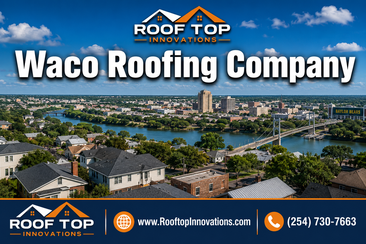 Professional () hero image featuring 'Waco Roofing Company' in extra large white with dark effect, centered in upper third.