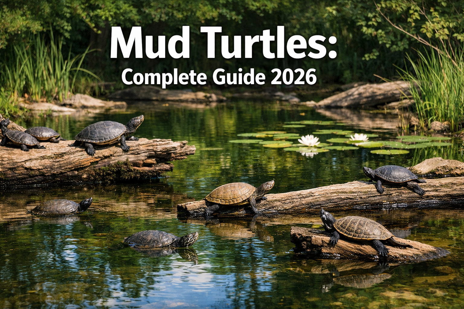 Professional landscape hero image (1536x1024) featuring bold text overlay 'Mud Turtles: Complete Guide 2026' in extra large 72pt white sans-