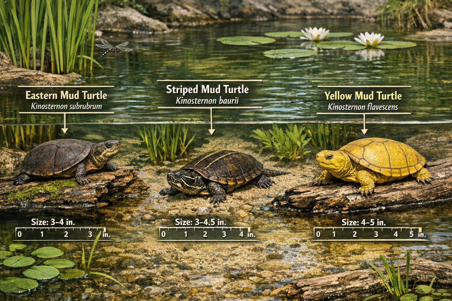 Detailed landscape image (1536x1024) showing various mud turtle species in their natural freshwater habitats, featuring Eastern mud turtles,