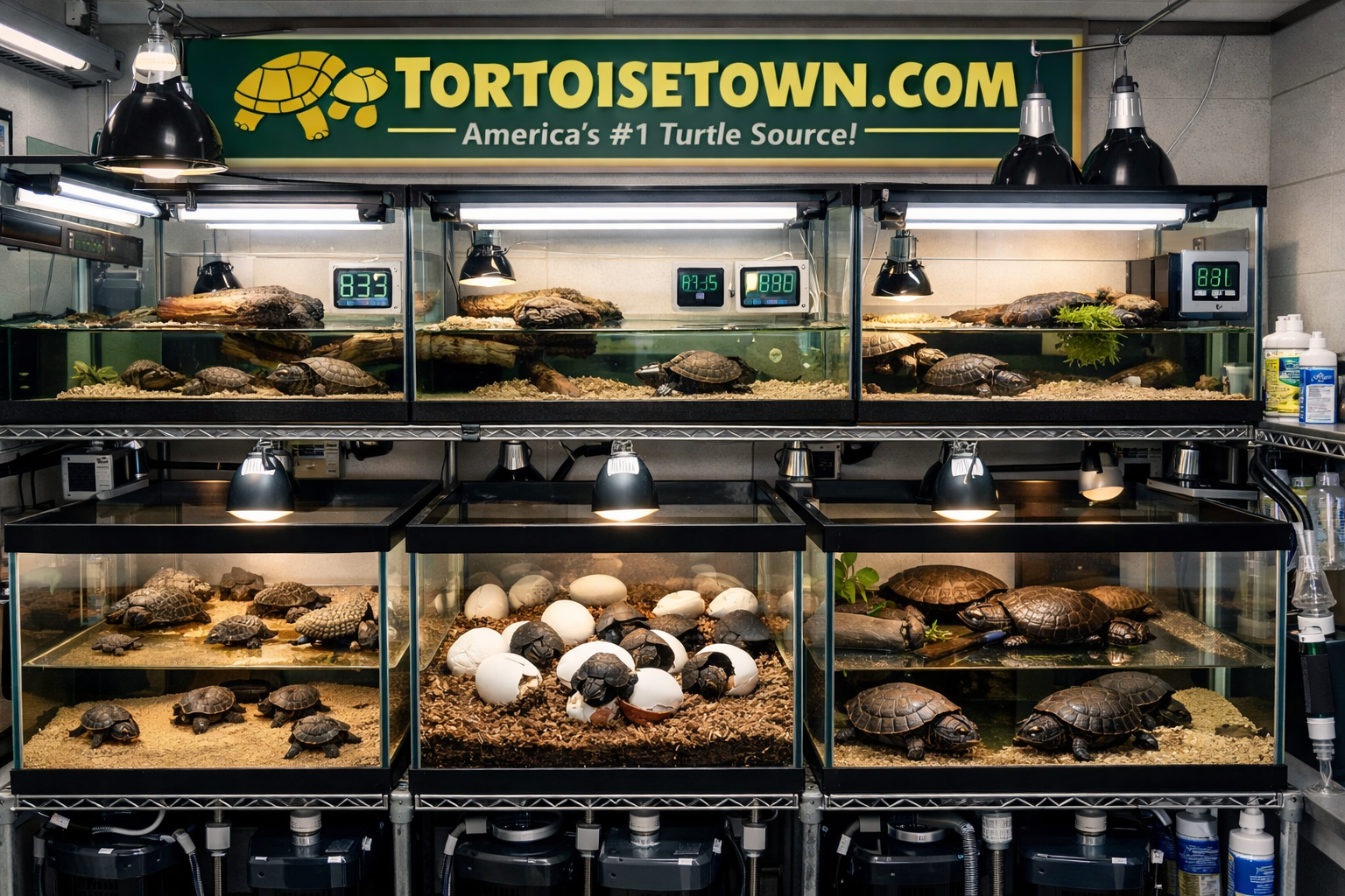 Professional captive breeding facility image (1536x1024) showcasing modern aquatic turtle breeding setup with multiple glass enclosures, pro