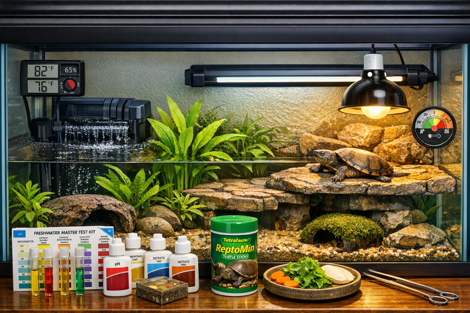 Comprehensive mud turtle care setup image (1536x1024) displaying ideal aquatic habitat with 40-gallon tank, proper water filtration system,