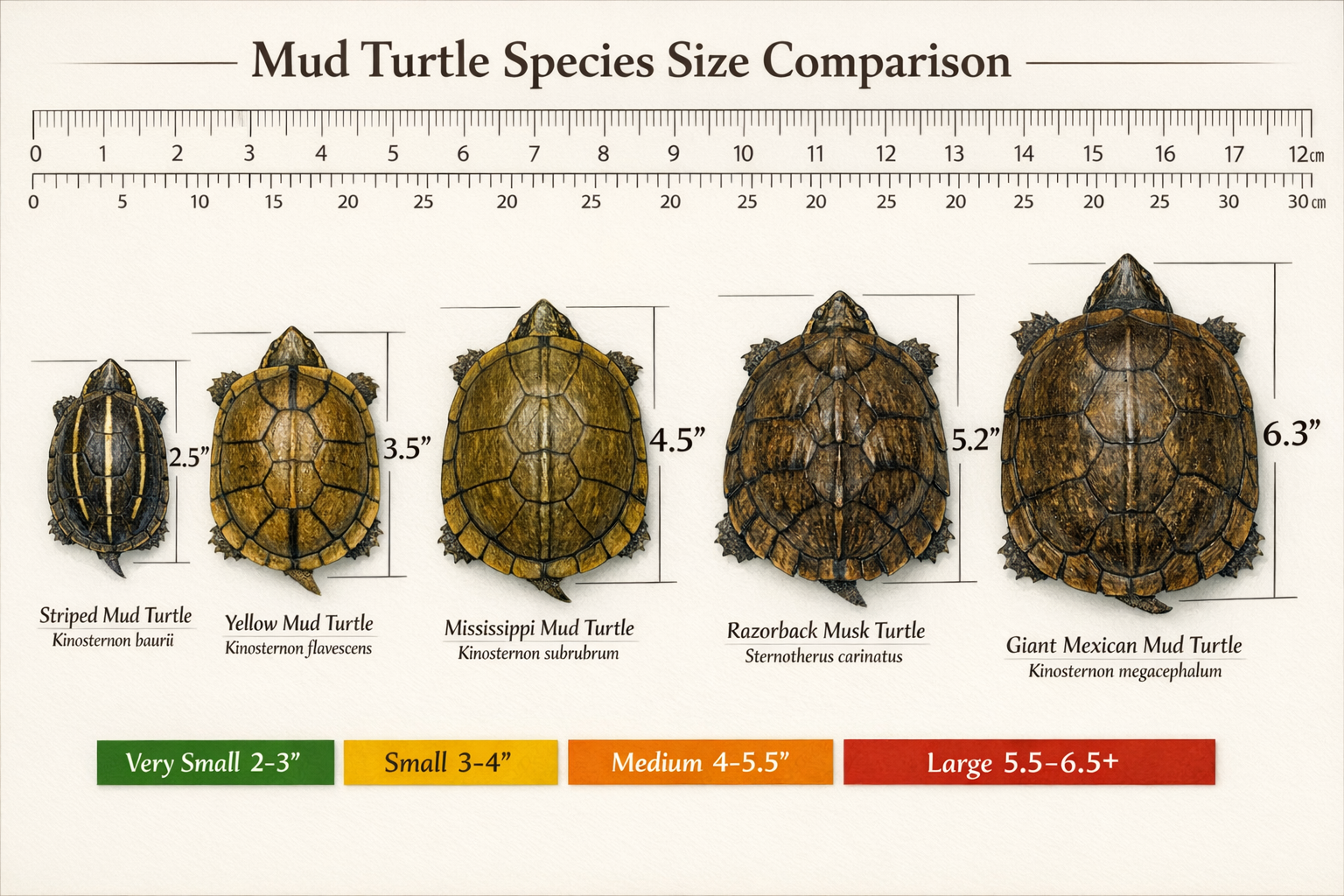 Interactive size comparison chart image (1536x1024) showing mud turtle species arranged from smallest to largest with precise measurements,