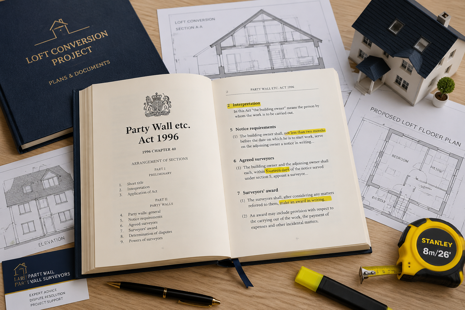 Flat-lay overhead shot of a wooden desk with the Party Wall etc. Act 1996 legal document open to key sections, surrounded by