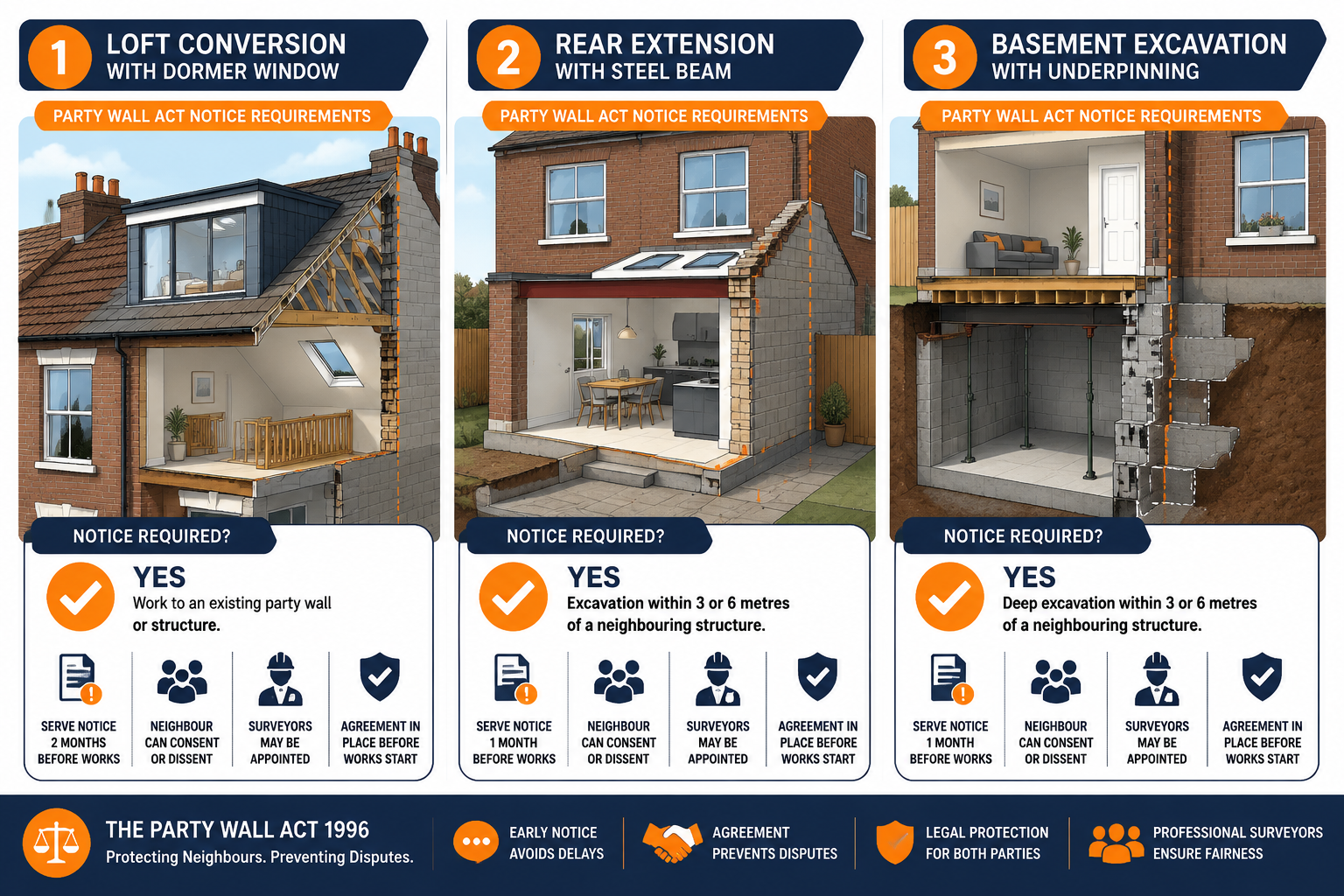 Split-screen infographic-style illustration showing three common UK home improvement scenarios side by side: a loft