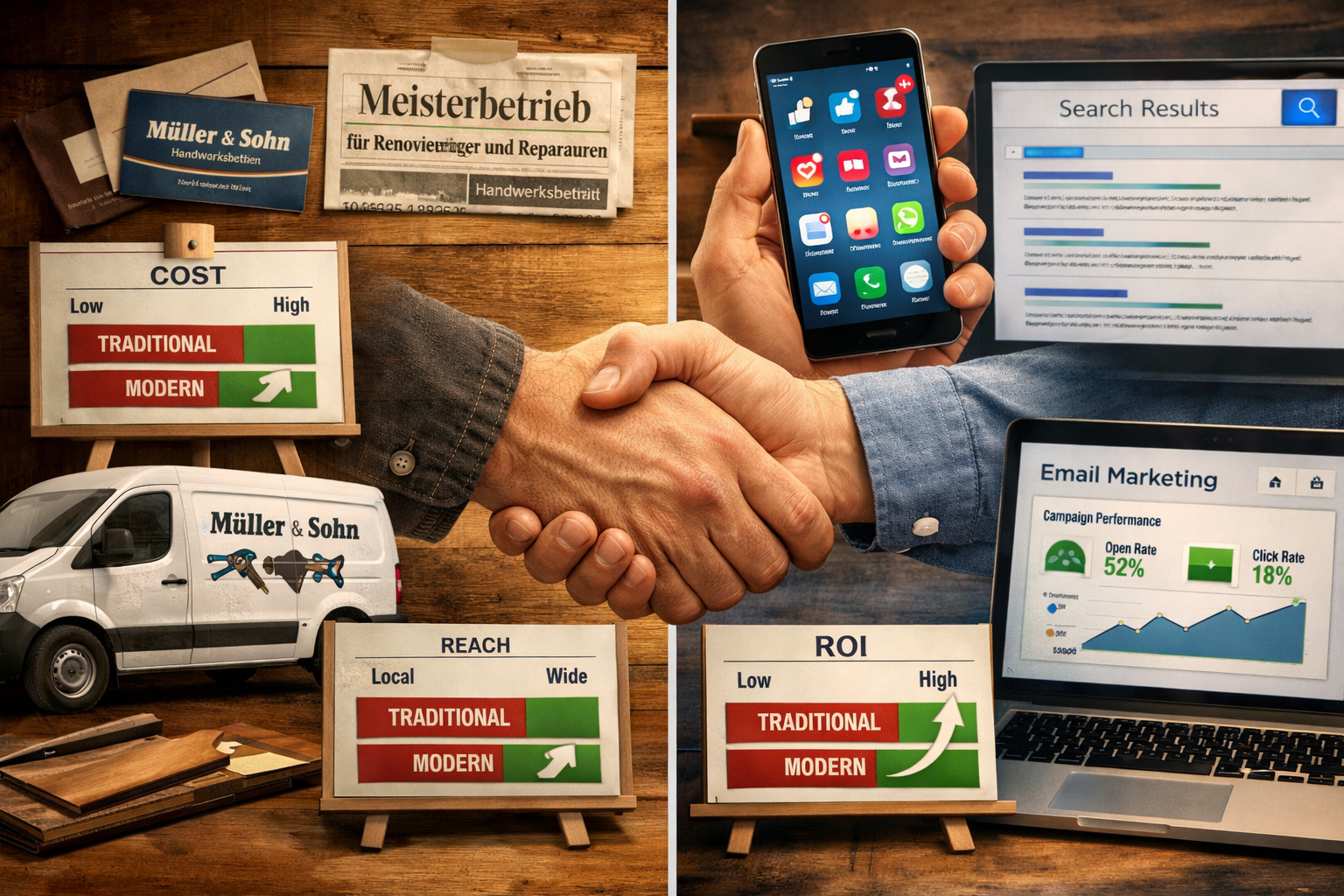 avoid years or dates on the images Landscape format (1536x1024) split-screen composition showing traditional handwerk marketing methods on l