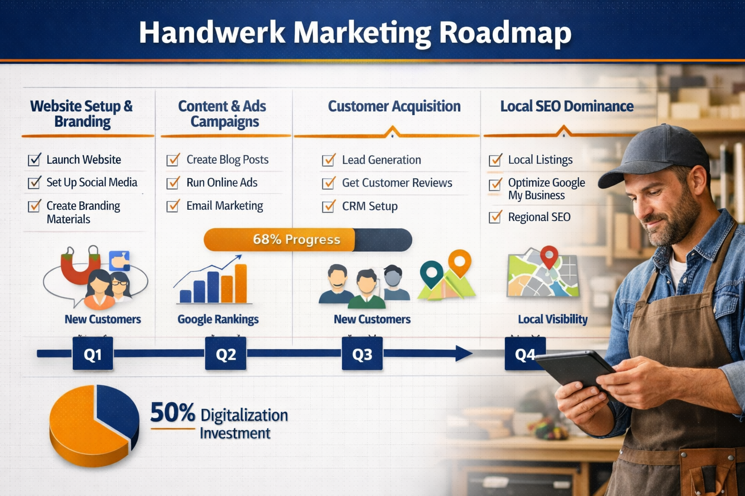 avoid years or dates on the images Landscape format (1536x1024) strategic roadmap infographic for handwerk marketing implementation. Timelin
