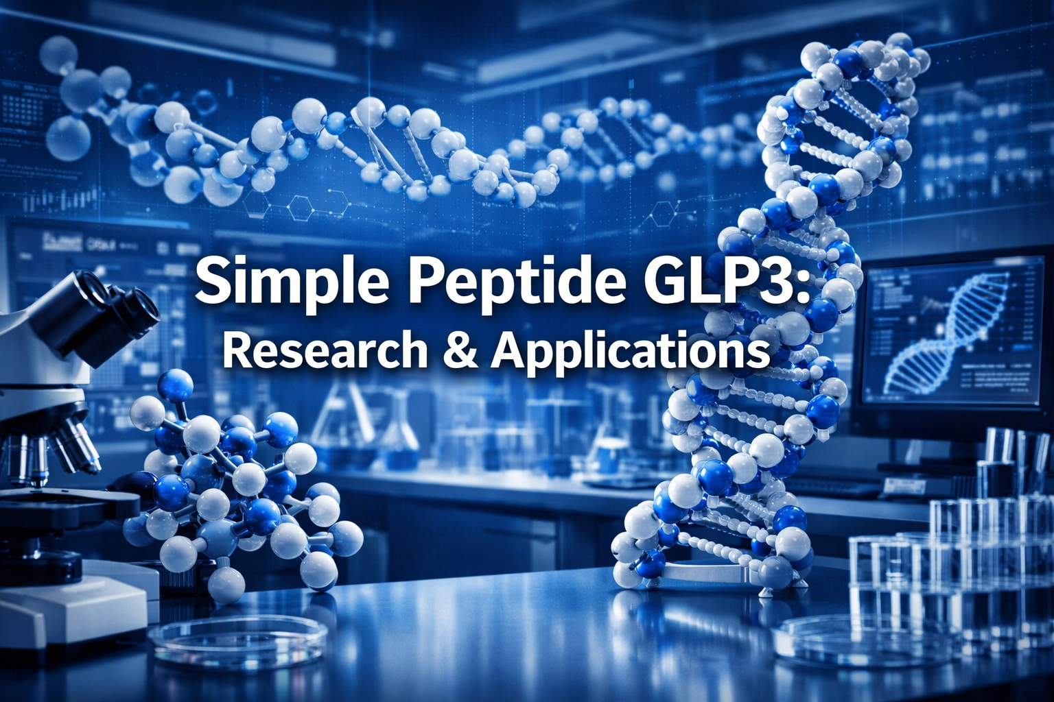 Professional landscape hero image (1536x1024) with bold text overlay 'Simple Peptide GLP3: Research & Applications' in 70pt white sans-serif