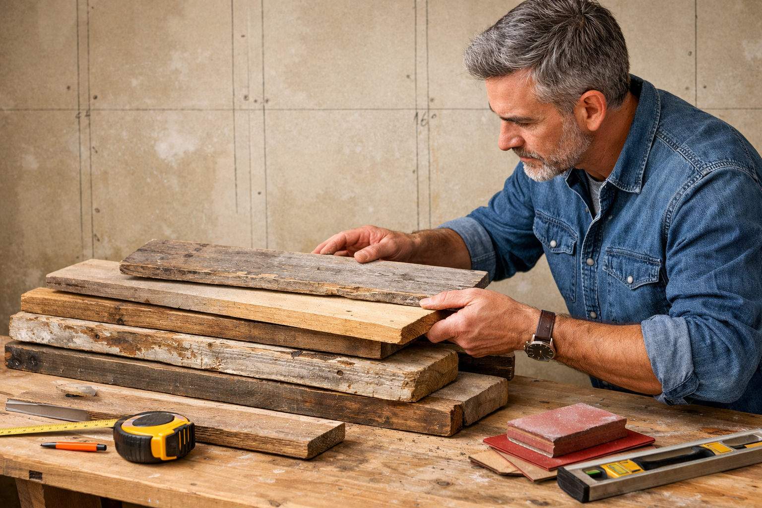 Landscape format (1536x1024) image showing a homeowner carefully examining a stack of varied reclaimed wood planks, some with natural weathe