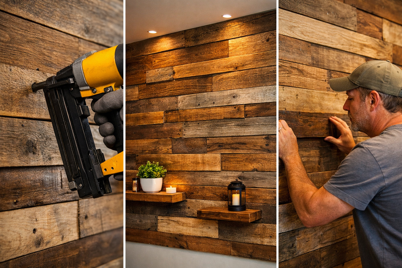 Landscape format (1536x1024) image showcasing different stages of installation for a reclaimed wood accent wall in a modern home. One sectio