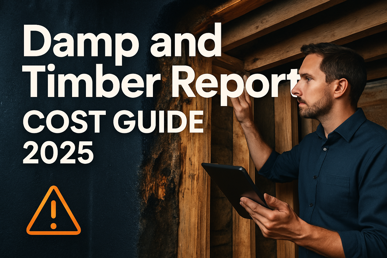 Professional landscape hero image (1536x1024) featuring bold text overlay 'Damp and Timber Report Cost Guide 2025' in extra large 70pt white