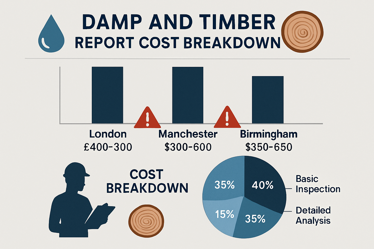 Detailed infographic showing damp and timber report cost breakdown across UK regions, featuring bar charts comparing London (£400-800), Manc