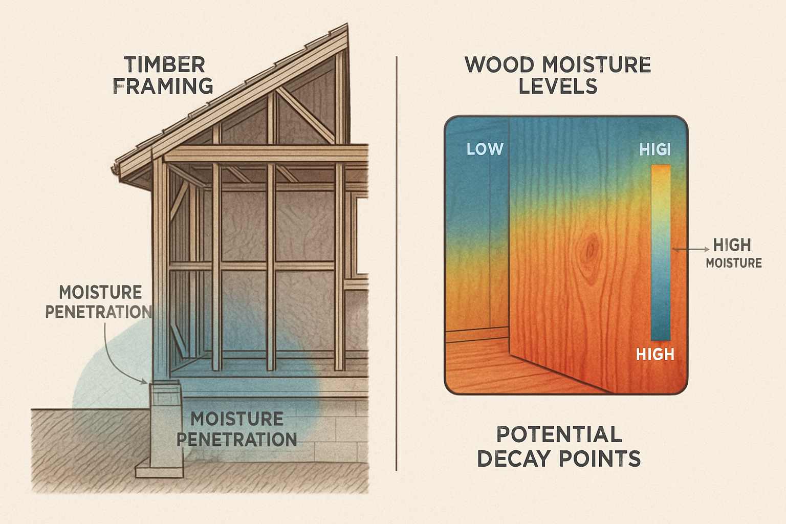 Professional architectural cross-section illustration showing interior building structure, highlighting timber framing, moisture penetration