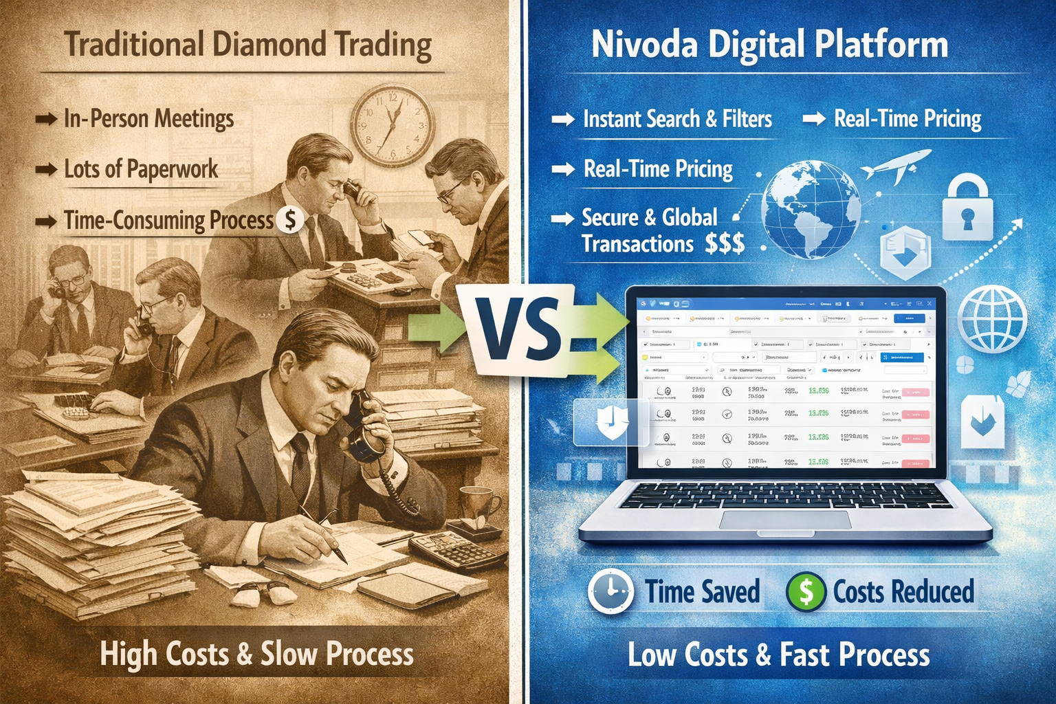 Split-screen comparison visualization showing traditional diamond trading process versus Nivoda's digital platform. Left side depicts old-fa
