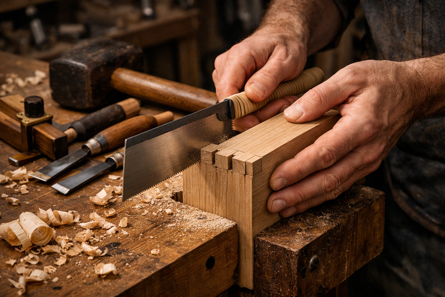 Detailed landscape format (1536x1024) image showing a craftsman's hands carefully cutting pins for a hand-cut dovetail joint on a workbench.