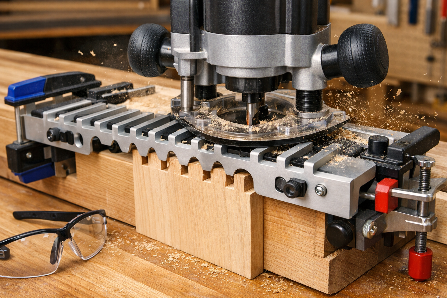 Detailed landscape format (1536x1024) image illustrating a router jig in action, specifically a half-blind dovetail jig, clamped to a piece 