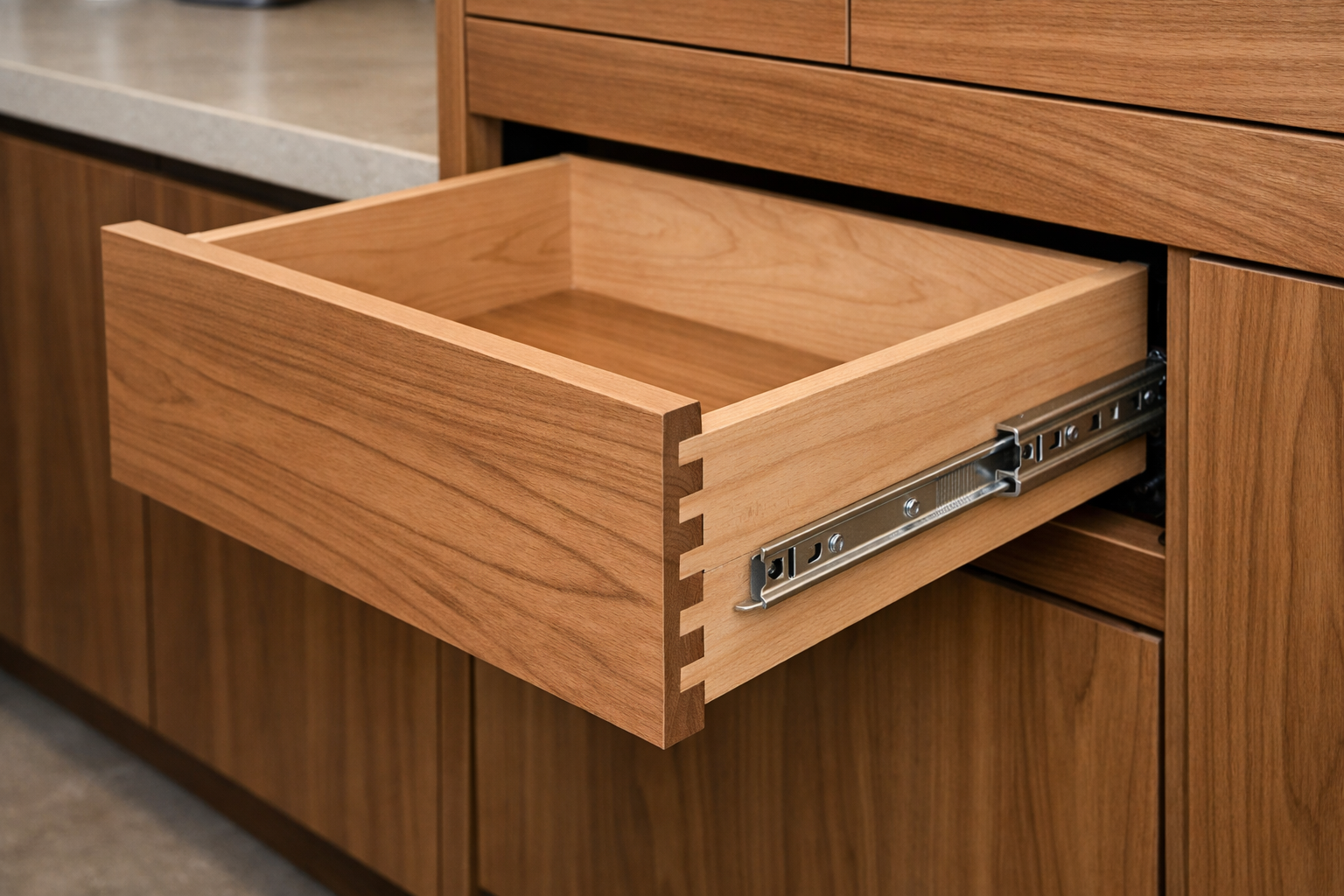 Detailed landscape format (1536x1024) image presenting a finished, high-quality dovetail drawer seamlessly integrated into a modern cabinet.