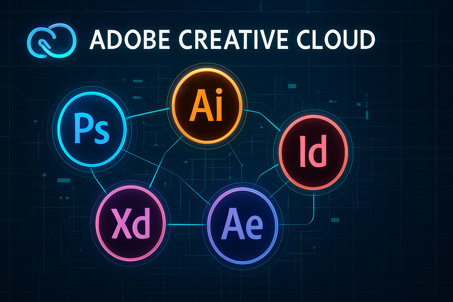 Detailed editorial infographic visualizing Adobe Creative Cloud's comprehensive software ecosystem, featuring stylized icons of Photoshop, I