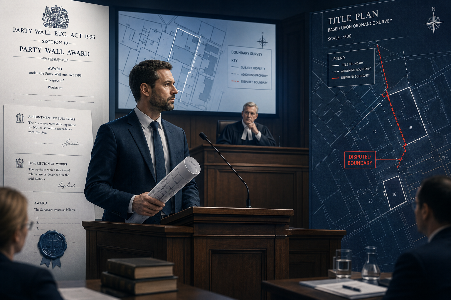 Wide-angle editorial illustration showing a party wall surveyor standing at a courtroom witness box, holding rolled