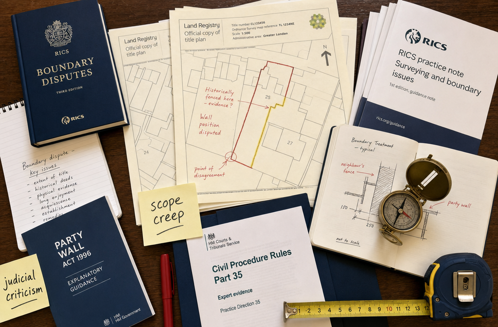 Overhead flat-lay photograph of a desk covered with UK property boundary dispute documents including Land Registry title