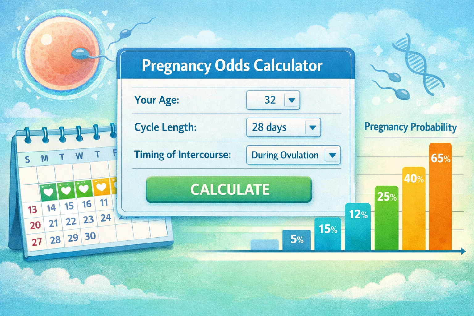 Detailed () image illustrating the concept of a pregnancy odds calculator. A stylized digital interface of a calculator is