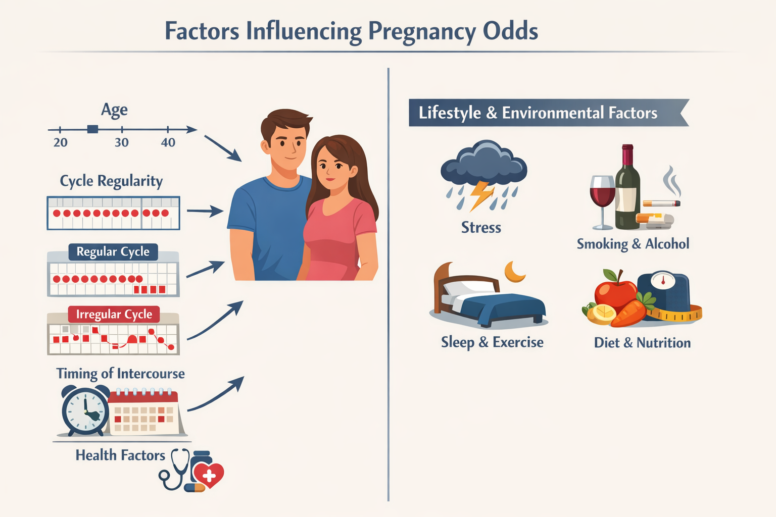 A () infographic contrasting the various factors influencing pregnancy odds. On one side, a male figure and a female figure