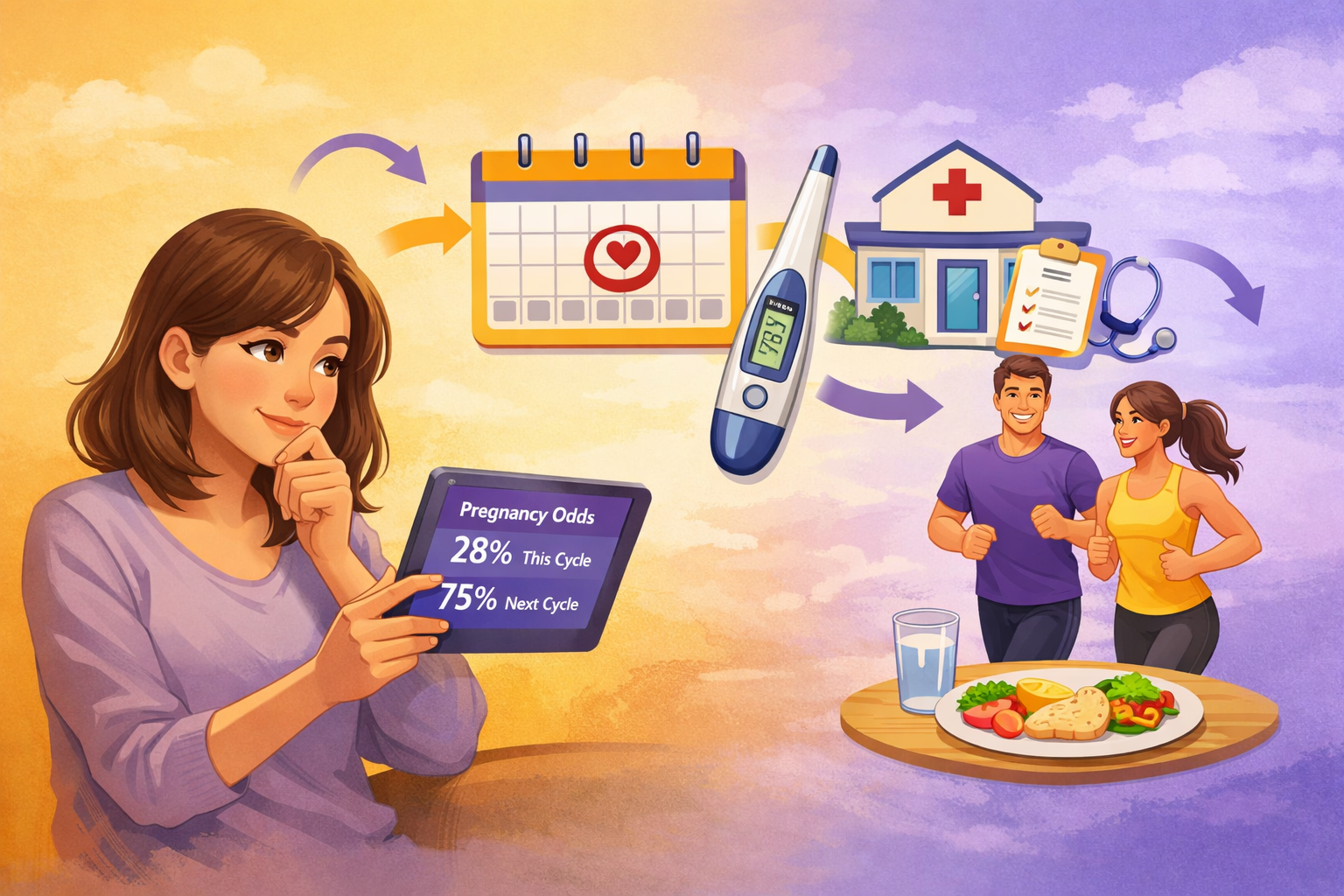 A () image depicting actionable steps after using a pregnancy odds calculator. A person is shown looking thoughtfully at a