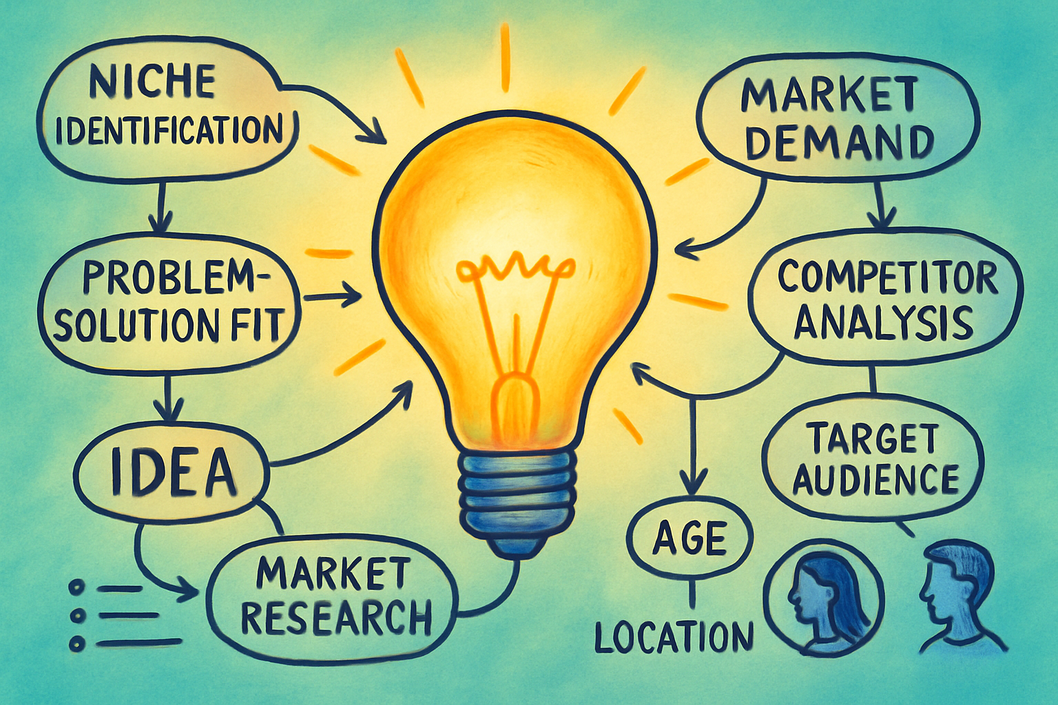 A vibrant illustration of a lightbulb illuminating a complex mind map with interconnected ideas for business concepts, market research data