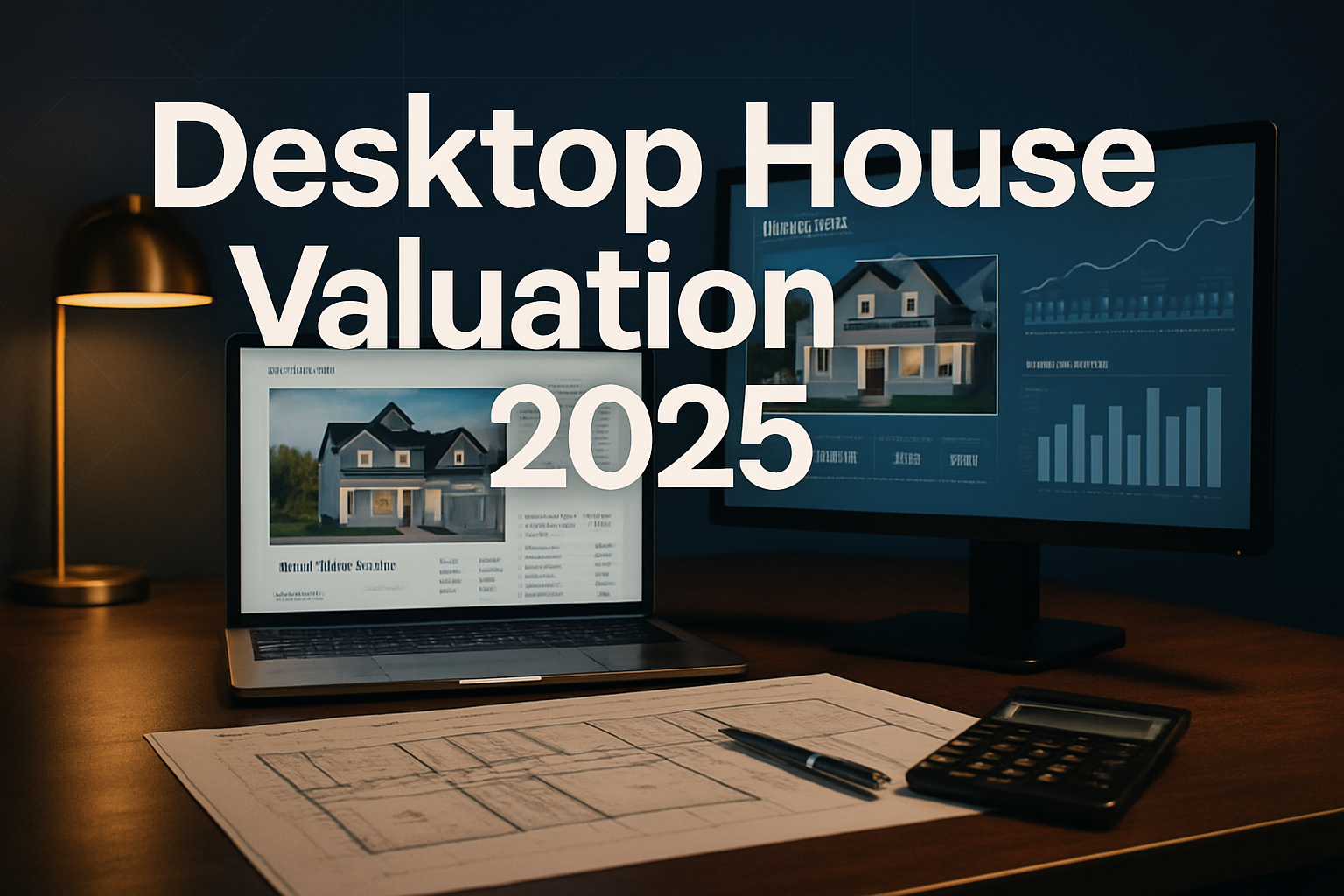 Professional landscape hero image (1536x1024) featuring bold text overlay 'Desktop House Valuation 2025' in extra large 70pt white sans-seri