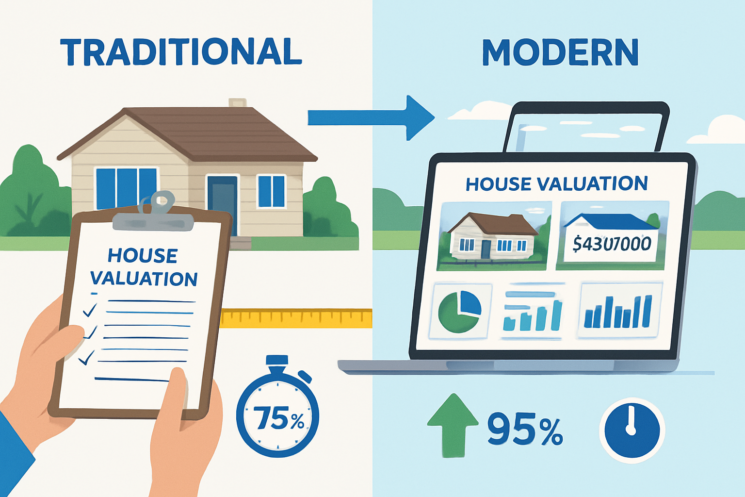 Detailed landscape image (1536x1024) showing split-screen comparison of traditional vs desktop house valuation methods. Left side displays o