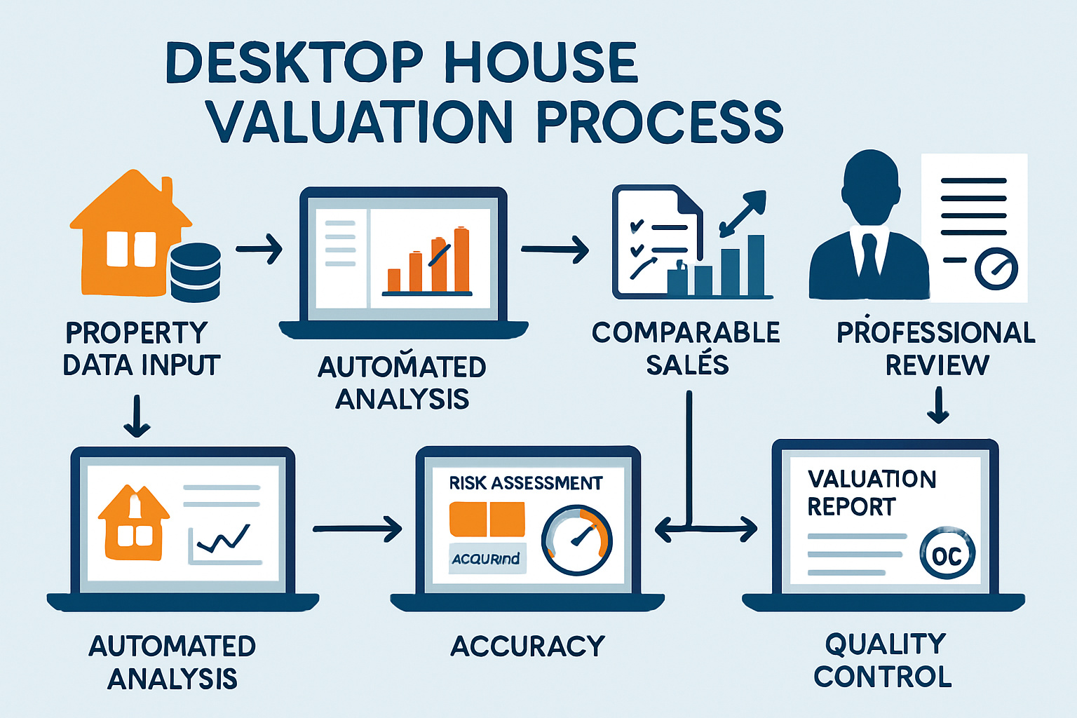 Comprehensive landscape infographic (1536x1024) illustrating desktop house valuation process workflow. Visual shows step-by-step progression
