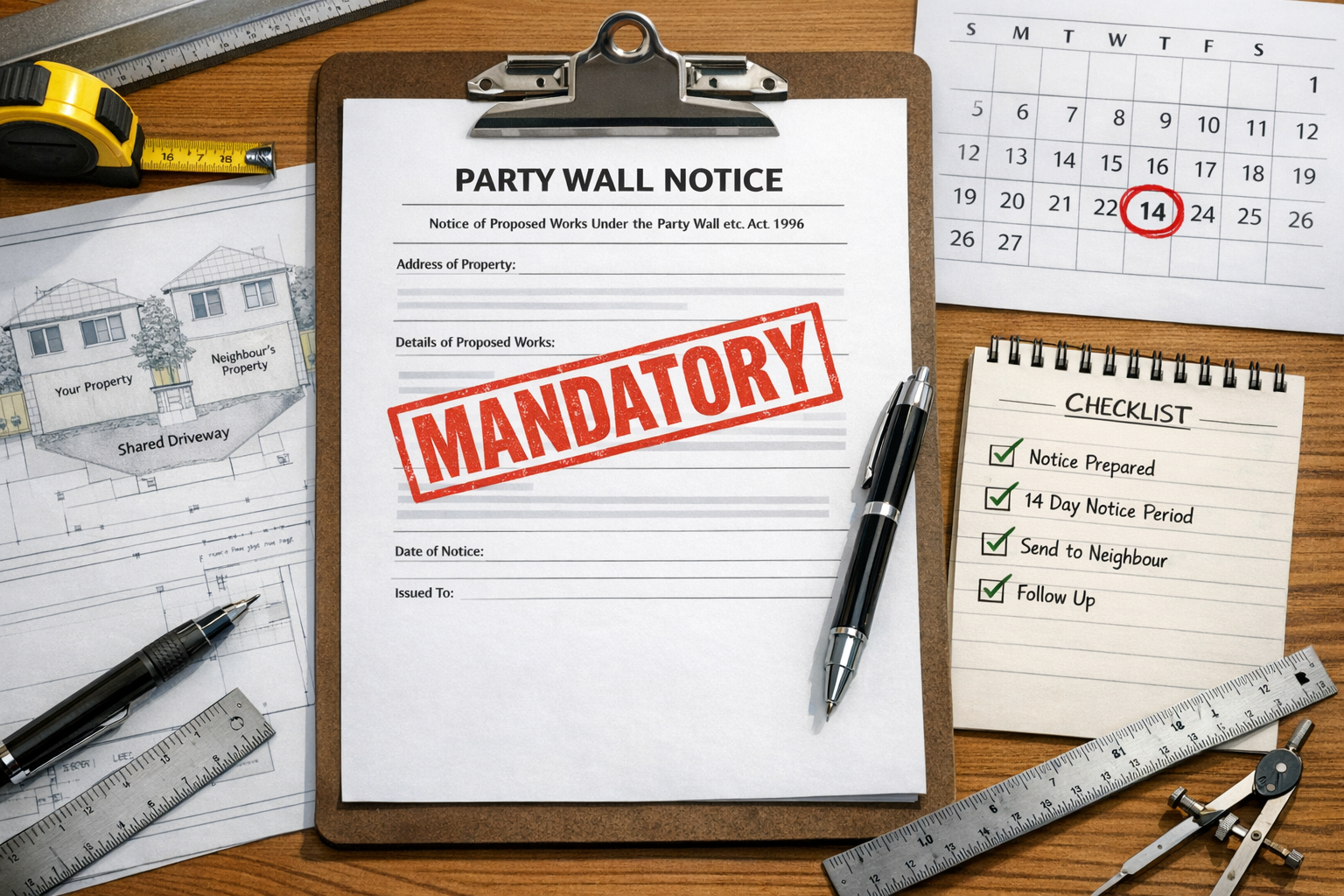 () detailed illustration showing official Party Wall Notice document with red 'MANDATORY' stamp , positioned on clipboard