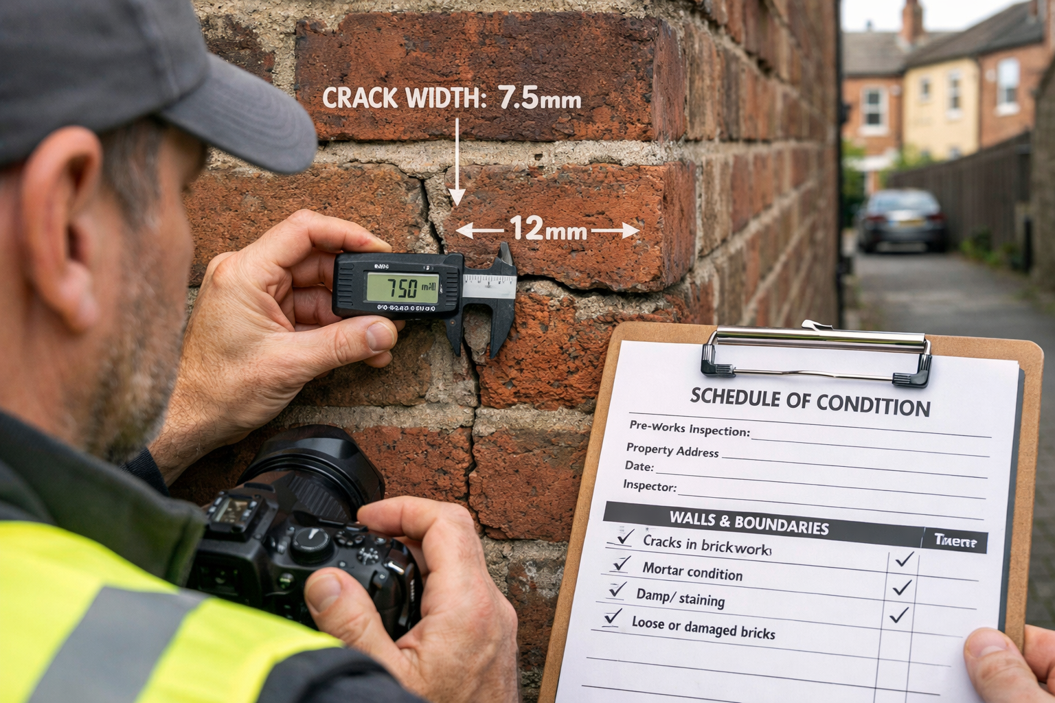 () professional photograph of surveyor conducting property inspection with digital tablet and camera, documenting condition