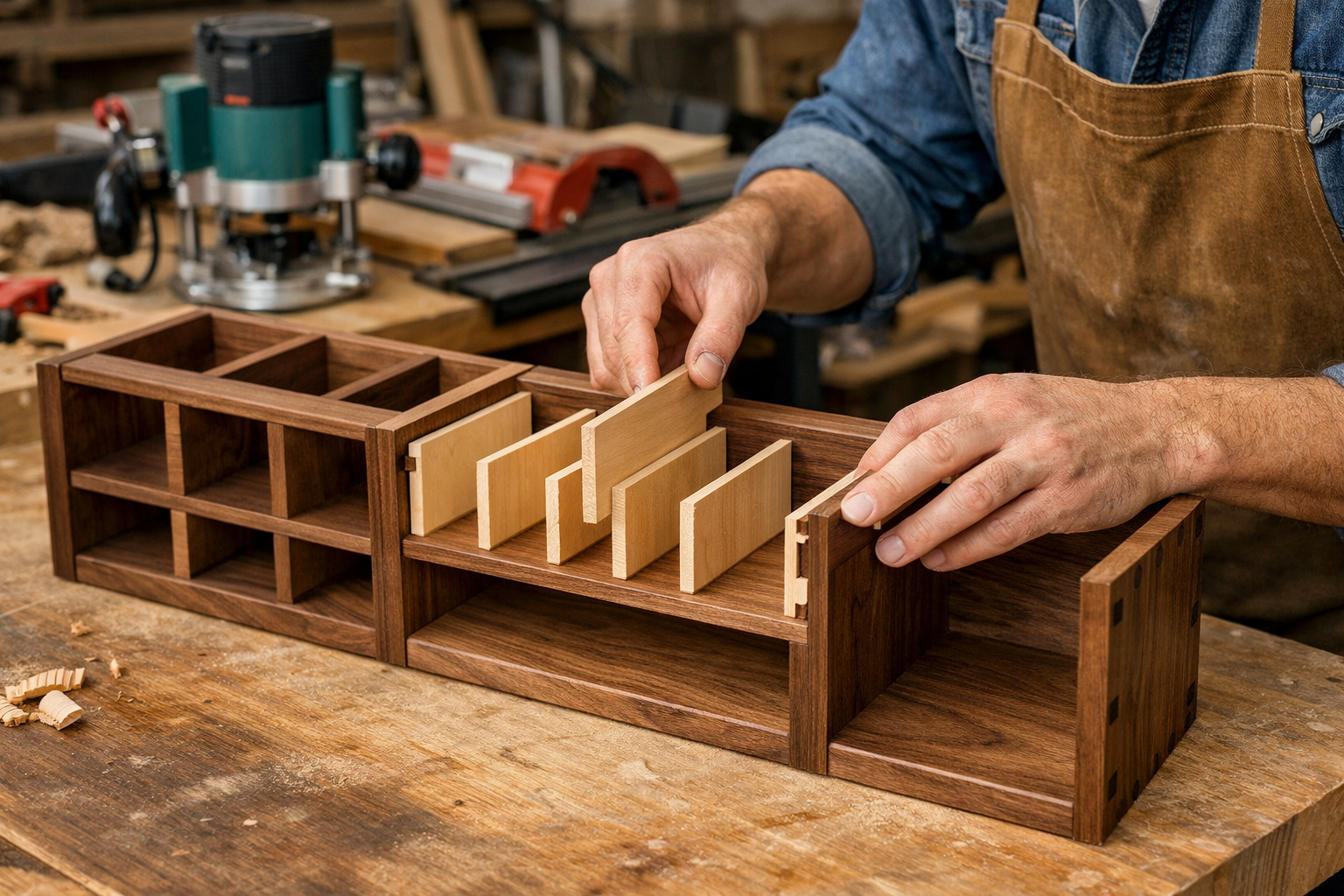 Detailed landscape format (1536x1024) editorial image featuring a woodworking workshop scene. A skilled craftsperson is meticulously assembl