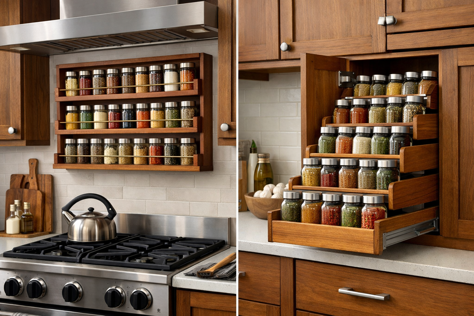 Detailed landscape format (1536x1024) editorial image showcasing the finished spice racks integrated into a contemporary kitchen. A wall-mou
