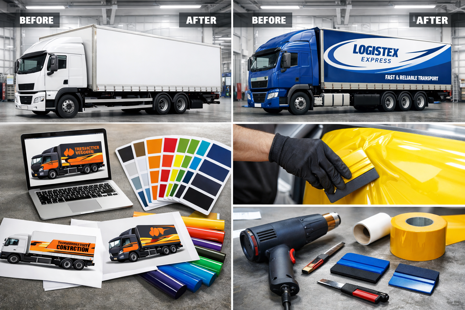 Landscape format (1536x1024) image showing various types of LKW vehicle wrapping examples including full wraps, partial graphics, and compan