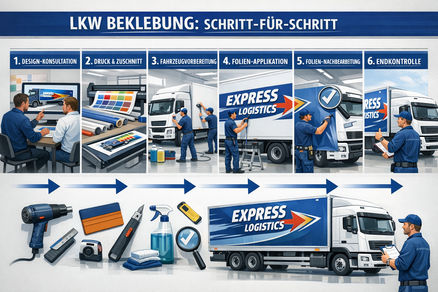 Landscape format (1536x1024) technical illustration showing LKW beklebung application process steps. Sequential workflow from design consult