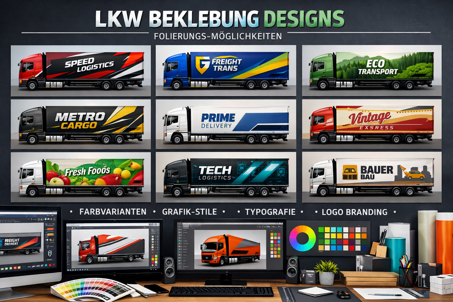 Landscape format (1536x1024) image showcasing various LKW beklebung design options and customization possibilities. Grid layout displaying d