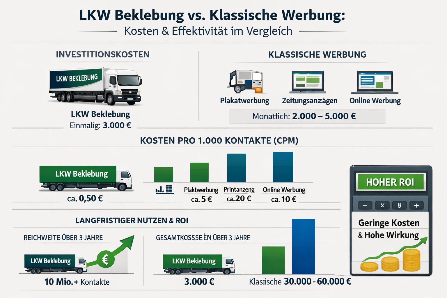Landscape format (1536x1024) professional comparison chart showing LKW beklebung costs versus traditional advertising methods. Visual breakd
