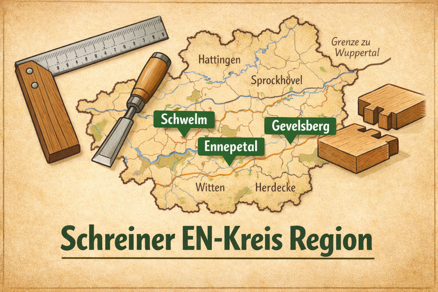 () editorial illustration showing a regional map of the Ennepe-Ruhr-Kreis district in Germany with highlighted towns