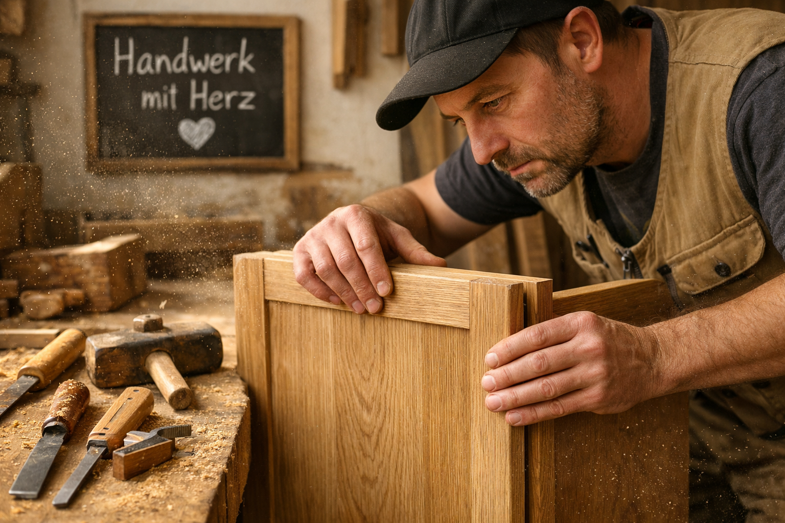 () close-up editorial photo of a skilled German Schreiner (cabinetmaker) carefully fitting a custom wooden cabinet door in a