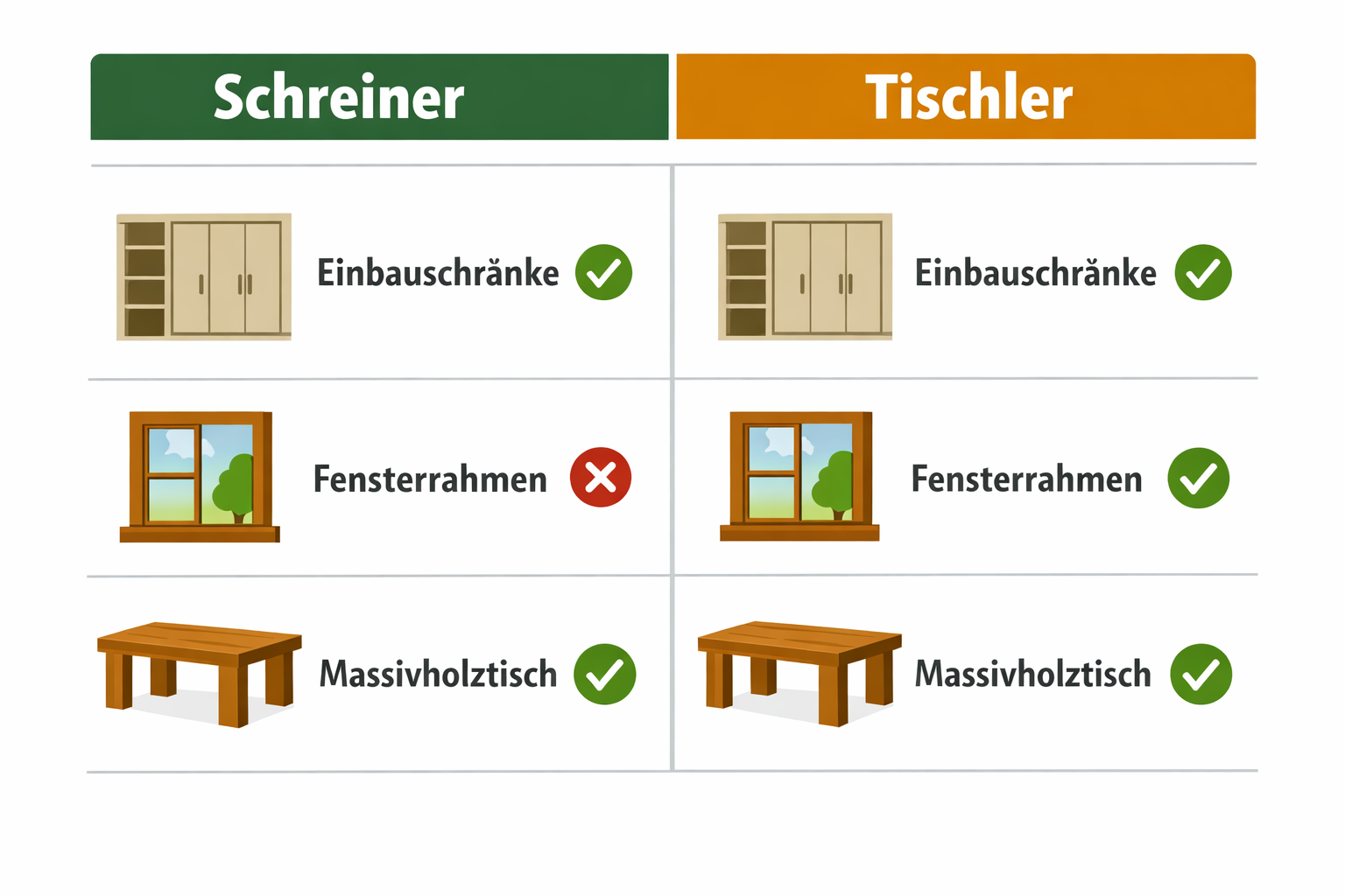 () comparison-style infographic panel showing two columns: 'Schreiner' vs 'Tischler' with German labels, icons of different