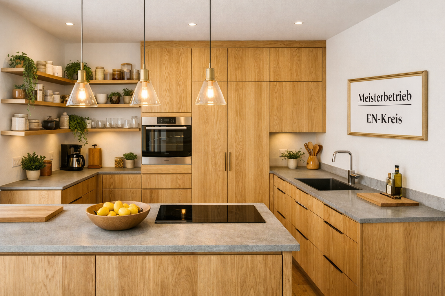 () wide-angle editorial photo of a completed bespoke wooden kitchen interior in a modern German home — custom Schreiner-made