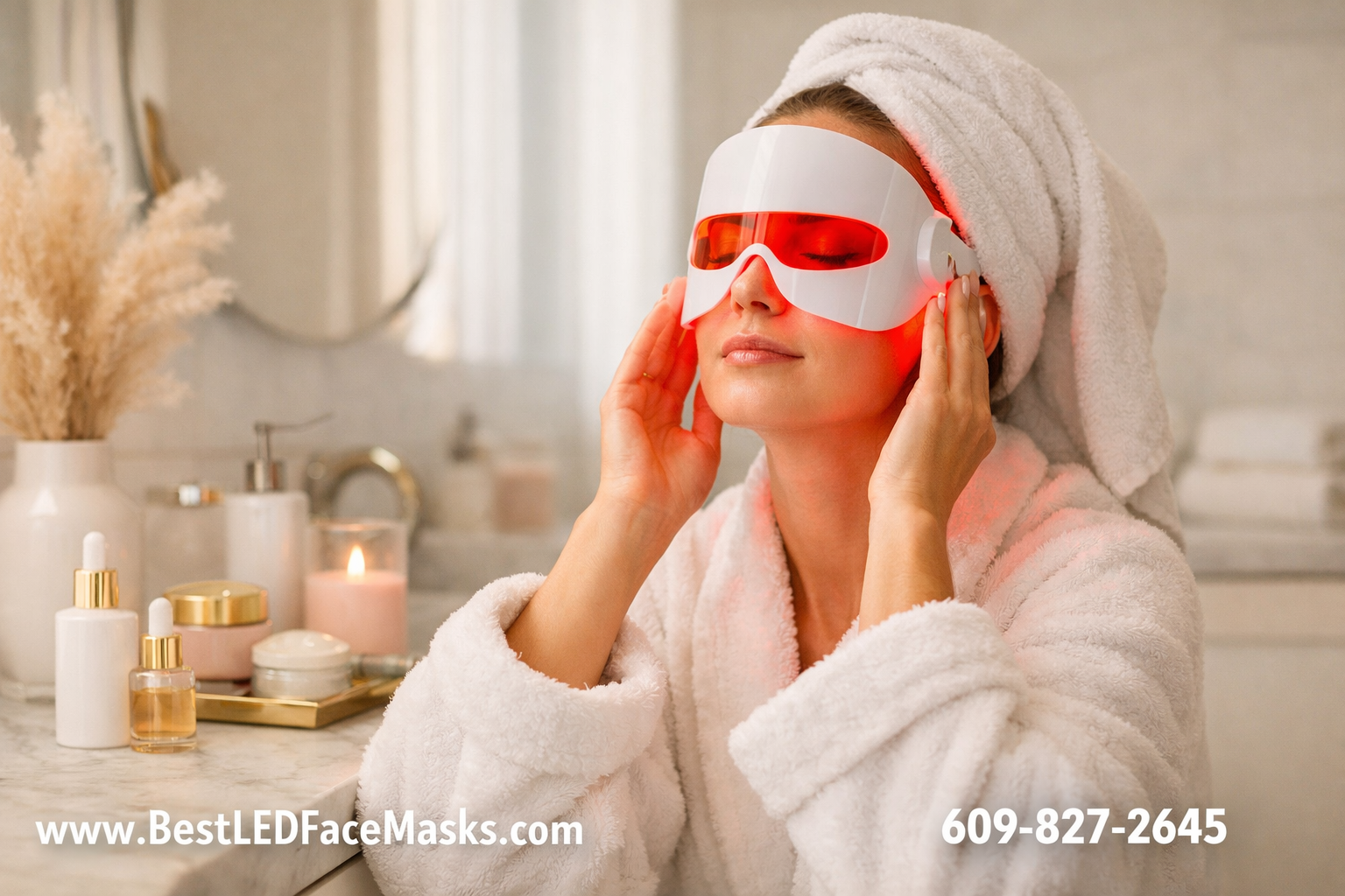 () lifestyle scene showing a woman in a bright, minimal bathroom applying an LED face mask at home, warm red glow reflecting