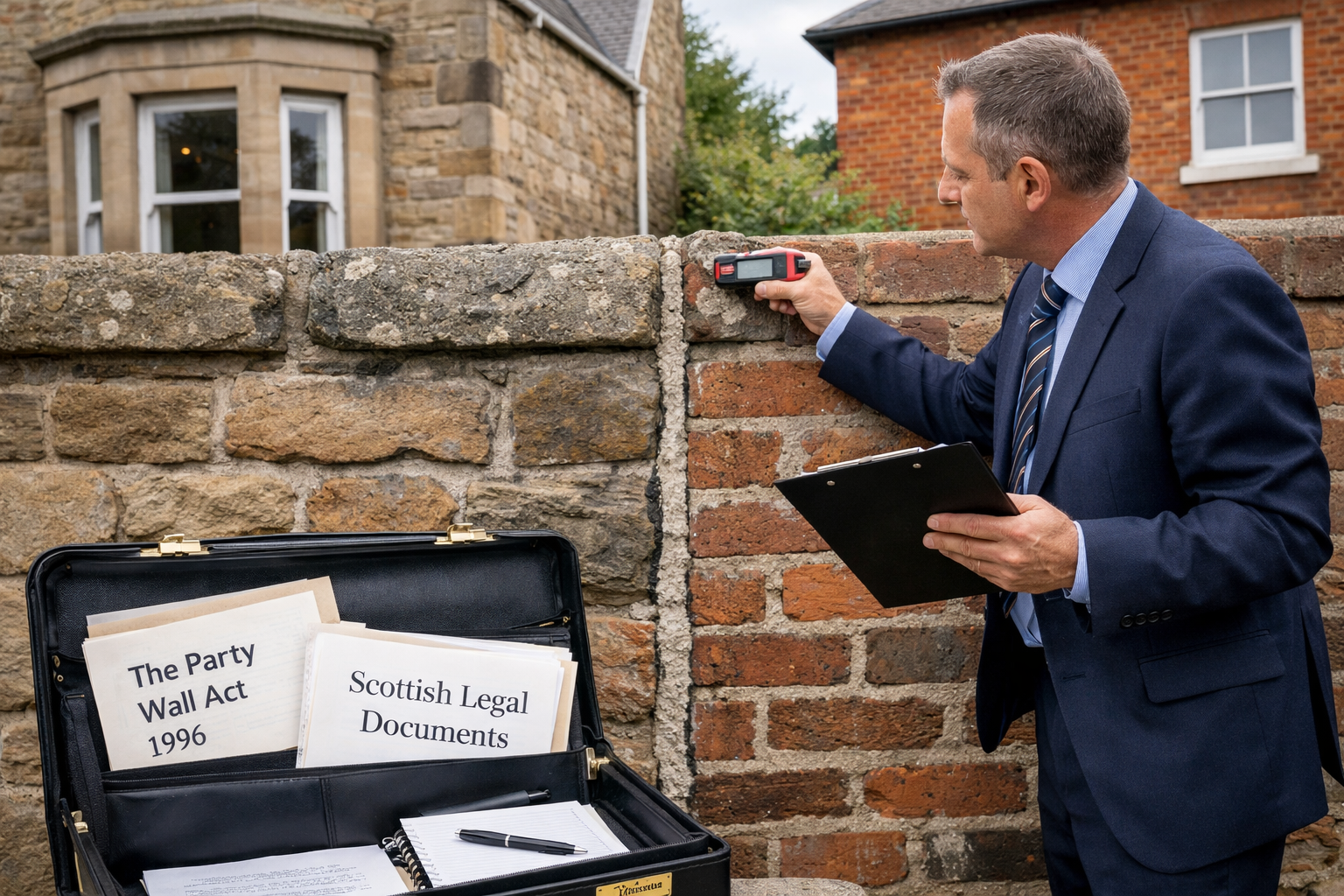 Detailed () editorial photograph showing professional chartered surveyor in business attire examining shared boundary wall